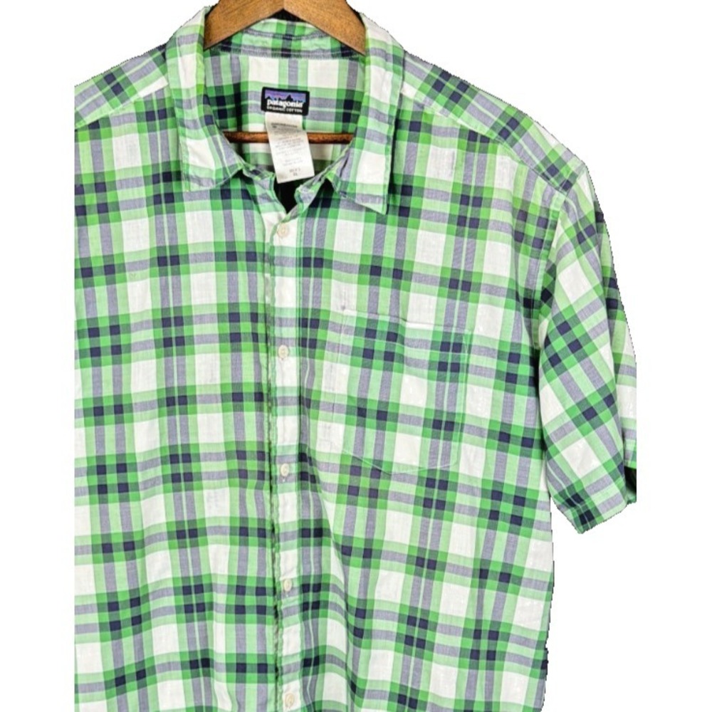 Patagonia Organic Cotton Blend Plaid Short Sleeve‎ Shirt Men XL Green